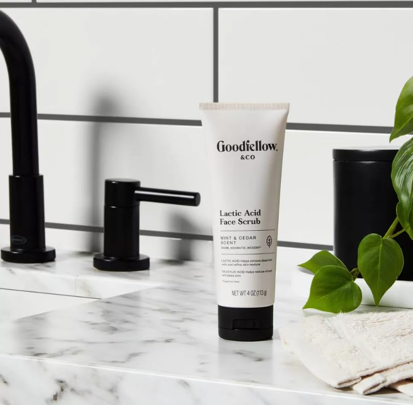 Goodfellow & Co Face Scrub with Lactic Acid & Apricot Oil 4 fl oz – Gentle Daily Face Exfoliator for Smooth Skin, Mint & Cedar Scent (Bundle of 2)