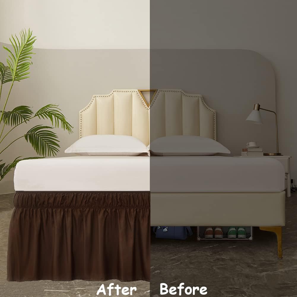 MEILA Bed Skirt Three Fabric Sides Elastic Wrap Around Dust Ruffled Solid Bed Skirts Easy On/Easy Off 16 Inch Tailored Drop, Chocolate, Twin/Full