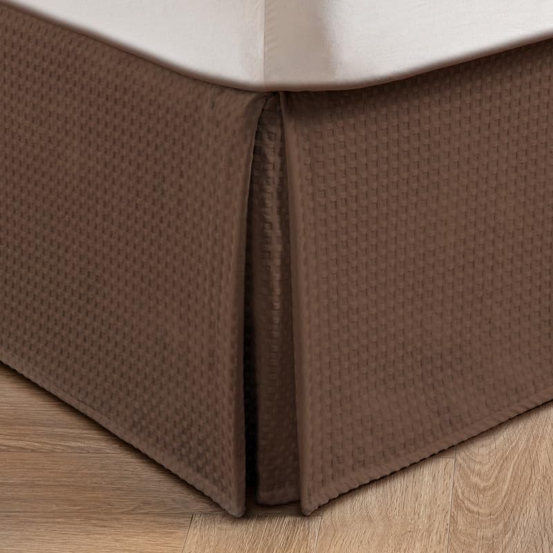 MIYE Pleated Waffle Weave Bed Skirt, Tailored Dust Ruffle 18 Inch Drop Easy Fit, Machine Washable (Brown, King - 18" Drop)