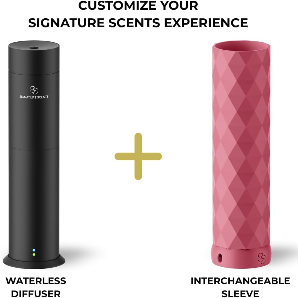 Waterless Essential Oil Hotel Scent Diffuser - Cold Air Diffuser - Covers 1000 sq. ft. - Waterless Diffuser for Home, Office & Hotel (Black + Interchangeable Sleeve) (Black + Matte Pink Sleeve)