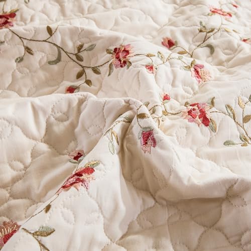 Quilt Set Floral Leaves 3D Embroidery Pattern 3 PCS Cotton Reversible Quilted Embroidered Decorative Bedspreads Coverlet Set, Lightweight &Soft Full Size Beige Bedding Coverlet for All Season