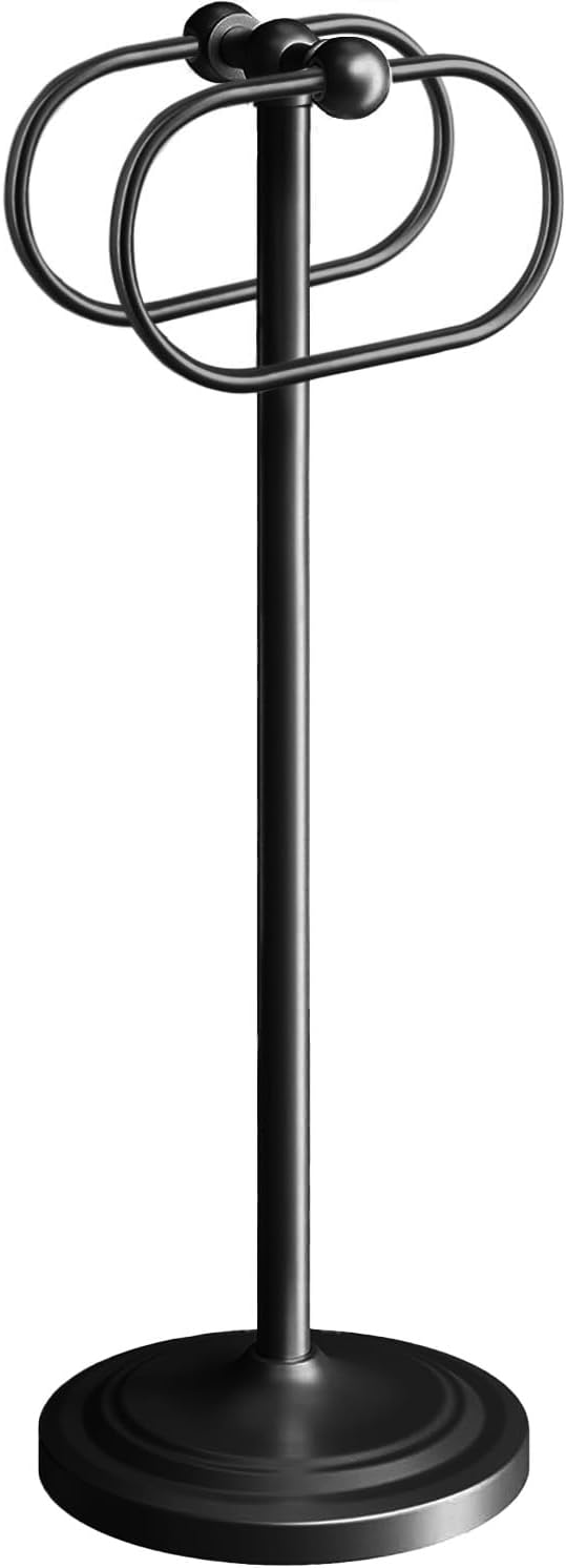 17 Inch Stainless Steel Hand Towel Holder Double Stand Hand Towel Ring for Washcloths or dishcloths Non-Slip Base Free Standing Towel Rack for Bathroom Kitchen (Black)