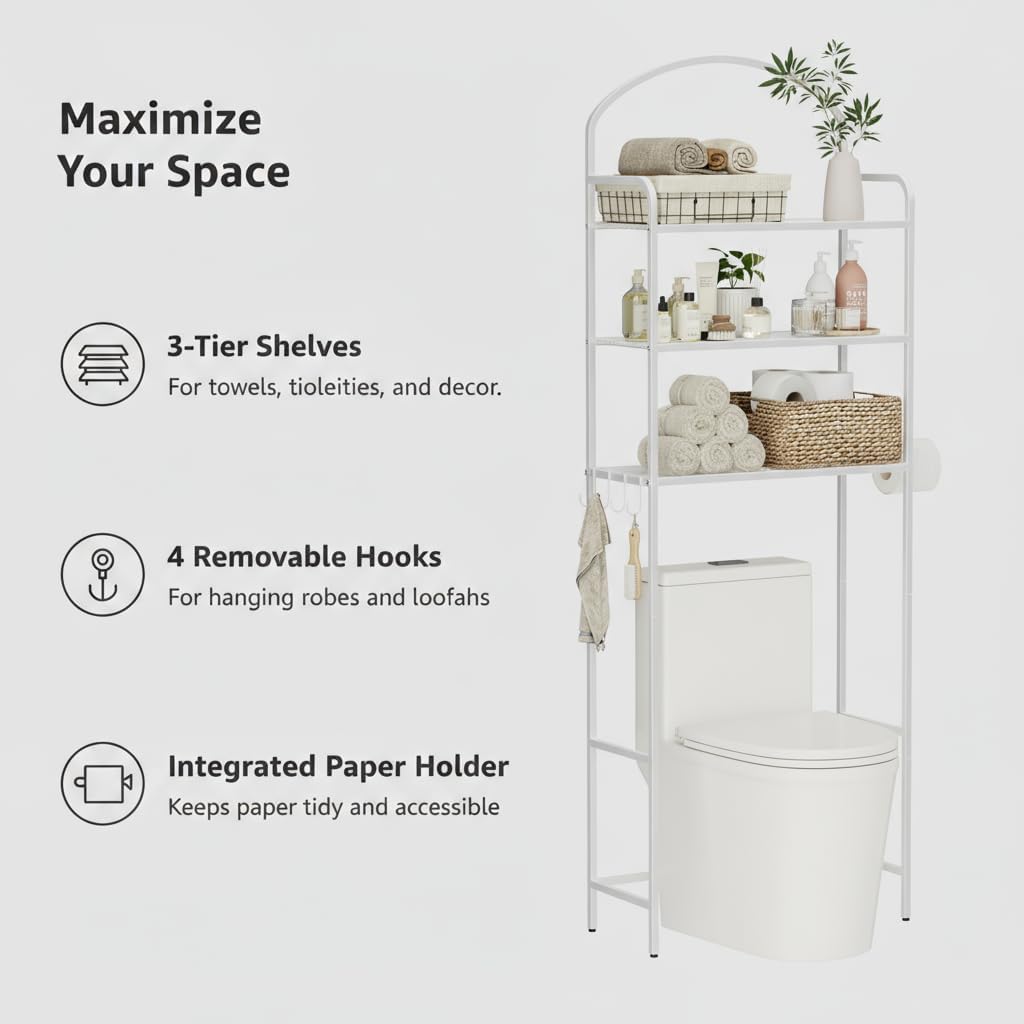 3-Tier Over The Toilet Storage, Bathroom Organizer, Space-Saving, Above Toilet Storage Rack with 4 Hooks and Paper Holder, Metal Shelf, White