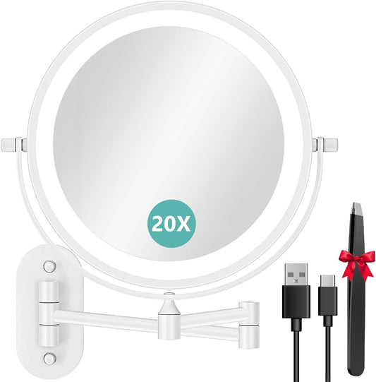 1X/20X Wall Mounted Makeup Mirror with Light, 8" Rechargeable Double-Sided Magnifying Mirror, Vanity Mirror Dimmable 3 Color Light, 360° Extension Rotation Foldable 14.5 Inch Arm for Bathroom