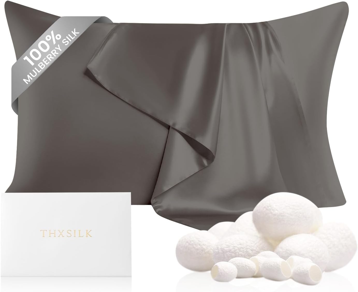 THXSILK 100% Mulberry Silk Pillowcase for Hair and Skin, Both Sides 22 Momme Pure Natural Silk Pillowcase, Soft Breathable Zipper Pillow Case Queen Size 20"x30", Dark Grey