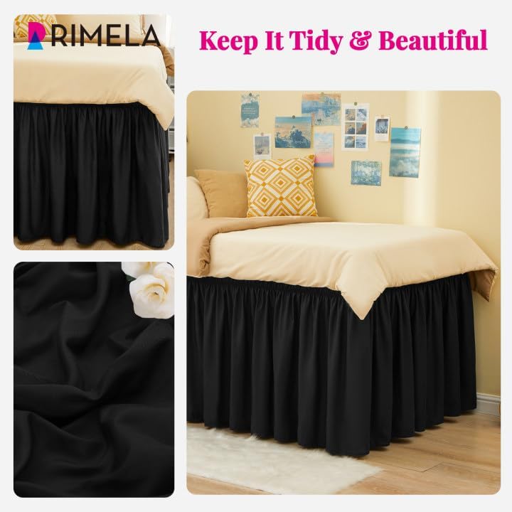 RIMELA Dorm Bed Skirt Twin XL 36 Inch Drop, Easy to Install Extra Long Wrap Around Elastic Dust Ruffle, Black Bedskirt Solid Silky Fabric Machine Washable (Twin XL 80“L x 39”W & Twin 75“L x 39”W)