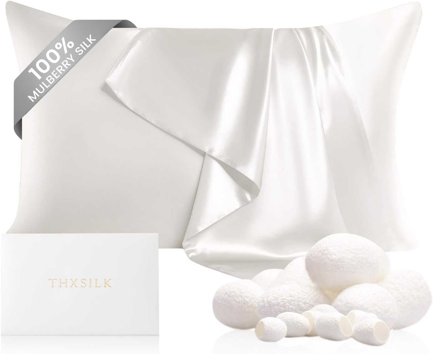 THXSILK 100% Pure Mulberry Silk Pillowcase for Hair and Skin, Upgraded Real 22 Momme Grade 6A+ Silk, Durable, Soft, Anti-Aging Silk Pillow Case (King 20"x36", White)