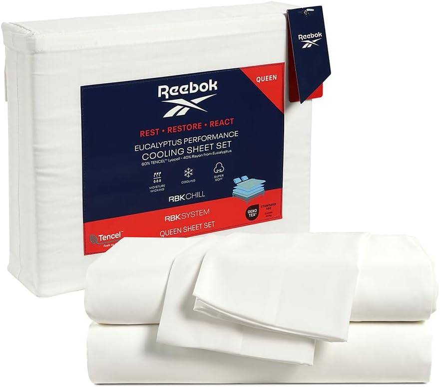 Reebok King Sheet Set from Tencel Eucalyptus - Soft, Cooling & Breathable for Hot Sleepers, Deep Pocket Up to 17 Inches, 4Pc Hotel Luxury Bedding Set, Bedsheet & Pillowcases (White, King)