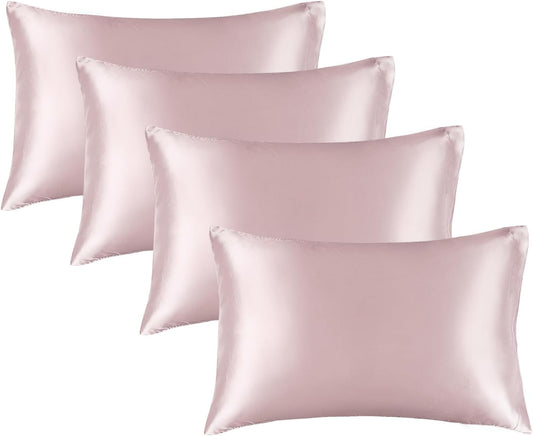 BEDELITE Satin Pillowcase for Hair and Skin, Super Soft Similar to Silk Pillow Cases 4 Pack with Envelope Closure, Cooling Pillowcases for Women Men (20"x30" Queen Size, Lotus Pink)