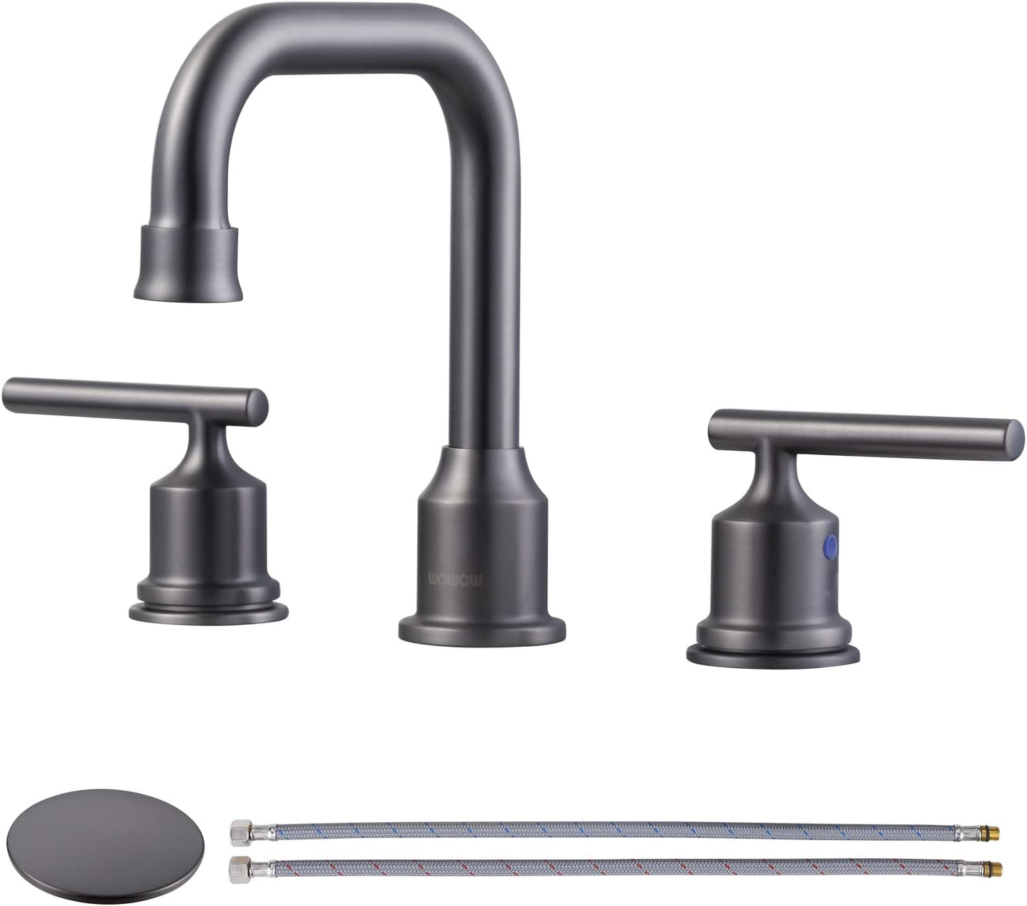 WOWOW Widespread Bathroom Faucet Brass Bathroom Sink Faucet Dark Grey Vanity Tap 3 Hole with Drain and Supply Lines, 2 Handle Basin Mixer Taps 3 Pieces