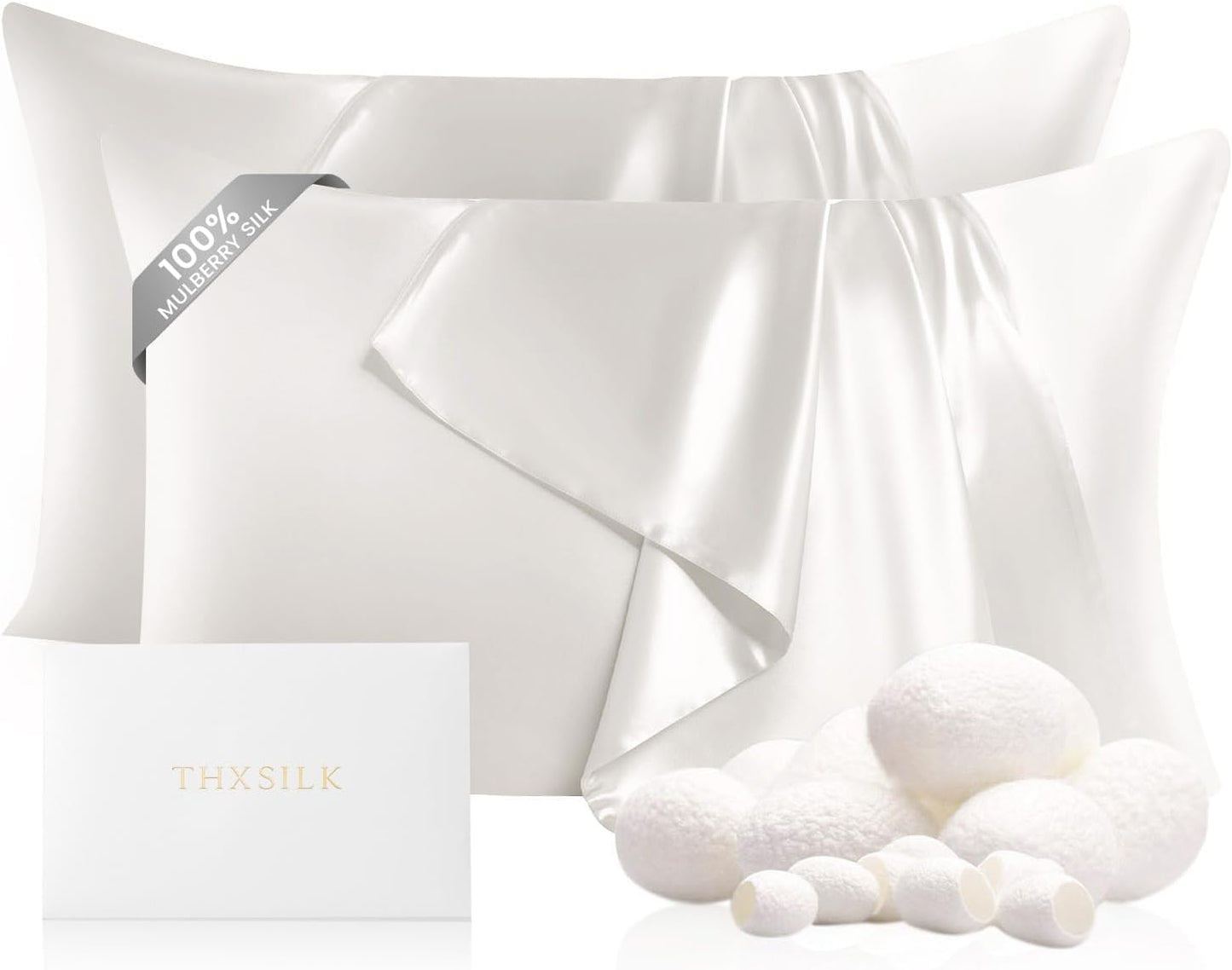 THXSILK Set of 2 100% Silk Pillowcases for Hair and Skin, Both Sides Grade 6A+ 22 Momme Mulberry Silk Pillow Case with Hidden Zipper, Soft & Smooth White Pillowcases(2pcs, Queen Size 20"x30")