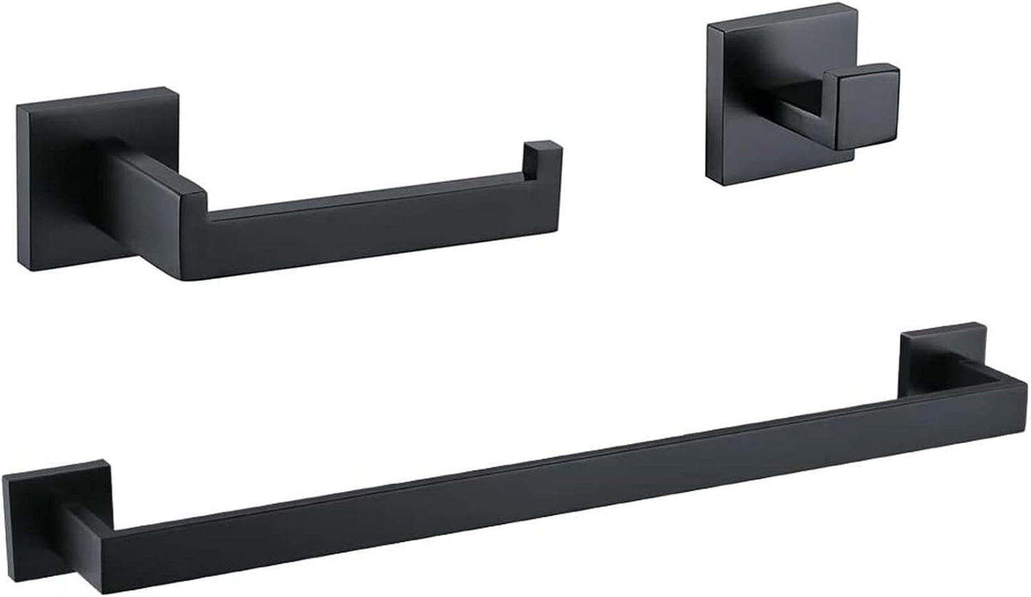 Ralbay 24" Matte Black Towel Bar 3-Pieces Set SUS 304 Stainless Steel Square Style Wall Mounted Towel Rack Set, Includes 24" Towel Single Bar, Toilet Paper Holder, Robe Towel Hook
