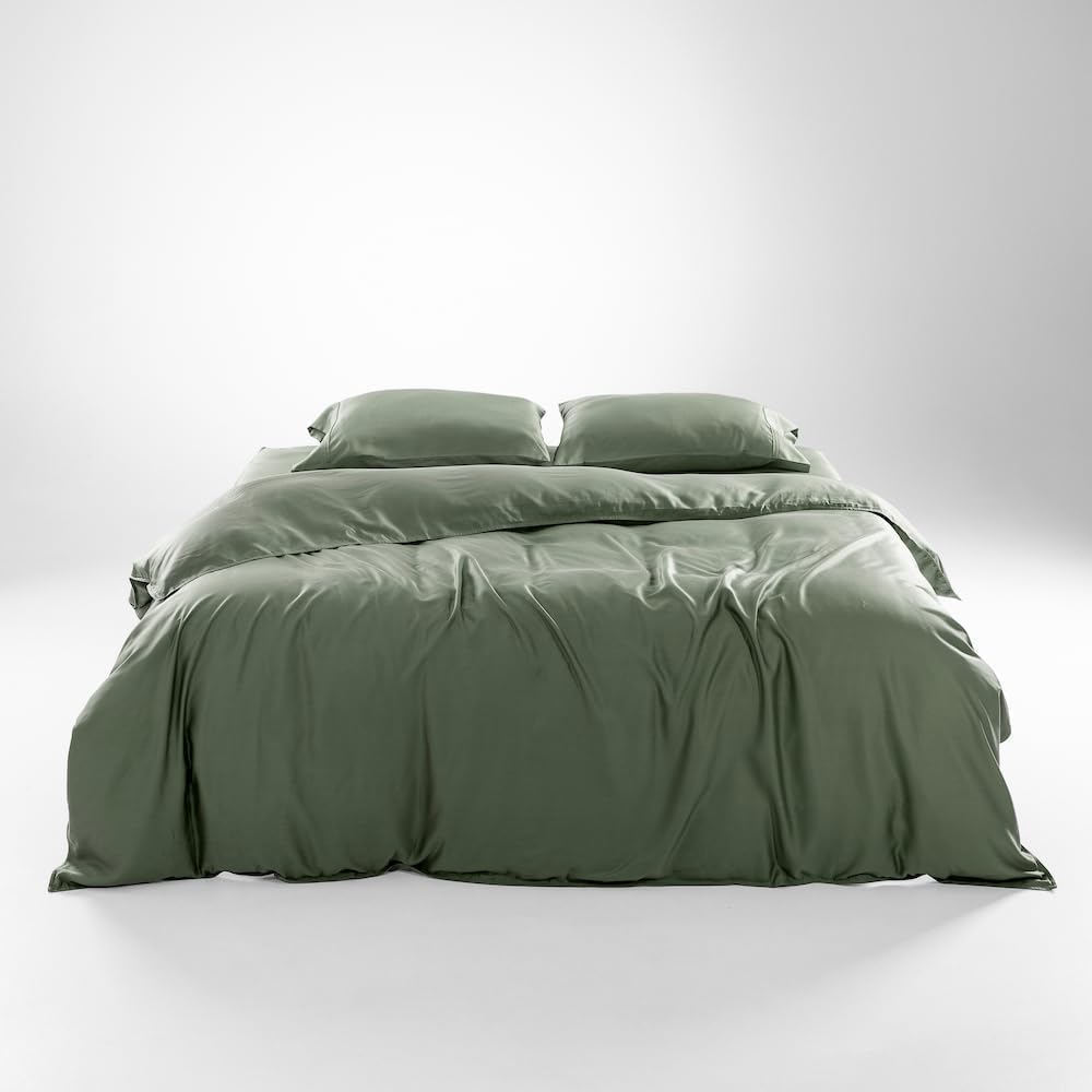 Olive + Crate Tencel Eucalyptus Cooling Duvet Cover Set - Hypoallergenic, Lyocell Tencel Duvet Cover - Soft, Temperature Regulating with Hidden Button Closure & Corner Ties - California King [Moss]