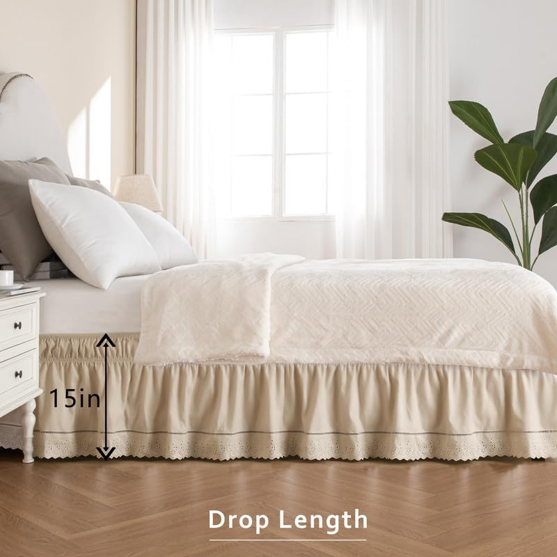 MIYE Wrap Around Ruffled Lace Bed Skirt, Elastic Dust Ruffle with Adjustable Belts, Easy to Put On, Bed Frame Cover, Machine Washable (Embroidered/Beige, King/Queen-15 Drop)