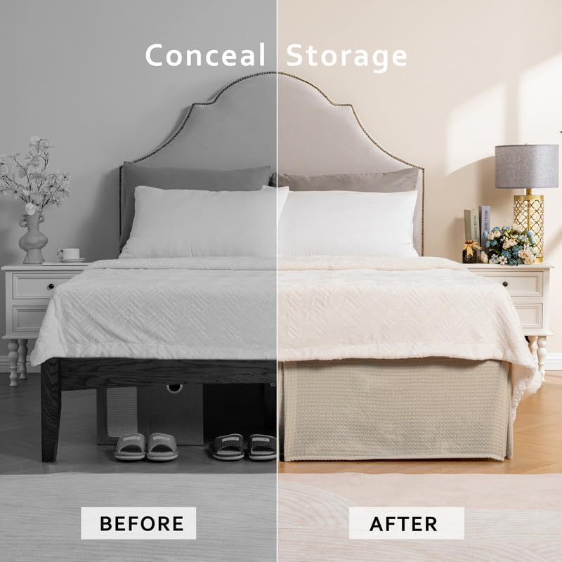 MIYE Pleated Waffle Weave Bed Skirt, Tailored Dust Ruffle 18 Inch Drop Easy Fit, Machine Washable,No Split Corners (Beige, TwinXL - 18" Drop)