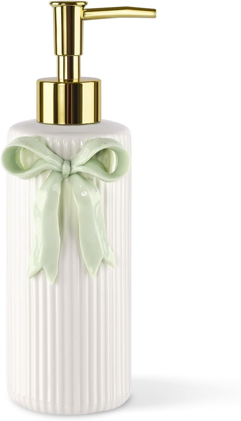 Handmade Ceramic Bow Soap Pump Dispenser Hand Lotion Liquid Dispenser Refillable for Kitchen and Bathroom Decorative (Ribbon Green)