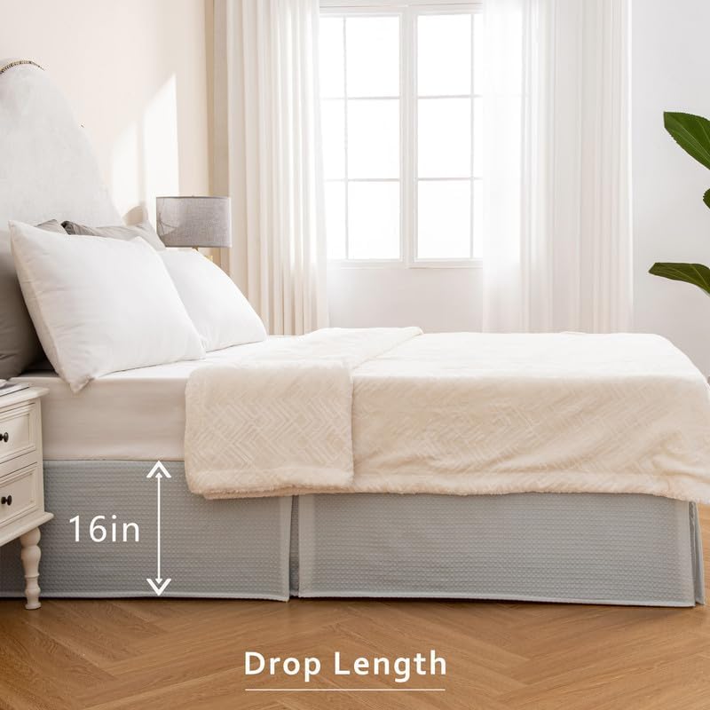 MIYE Pleated Waffle Weave Bed Skirt, Tailored Dust Ruffle 16 Inch Drop Easy Fit, Machine Washable (Light Grey, Queen - 16" Drop)