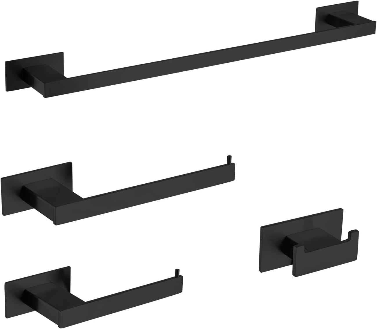 4-Pieces Bathroom Hardware Accessories Set, Towel Rack Towel Bar Toilet Paper Holder Towel Hook Self Adhesive Stainless Steel Towel Rack Set for Bathroom Wall Mounted, Matte Black 16 Inch