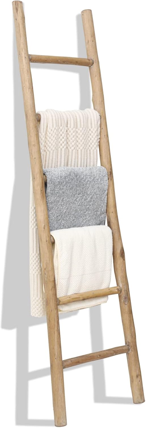 FUIN Fully Assembled 6ft Wood Blanket Ladder Living Room Decorative Wall Leaning Farmhouse Quilt Display Holder Rustic Wooden Towel Rack for Bathroom, Brown