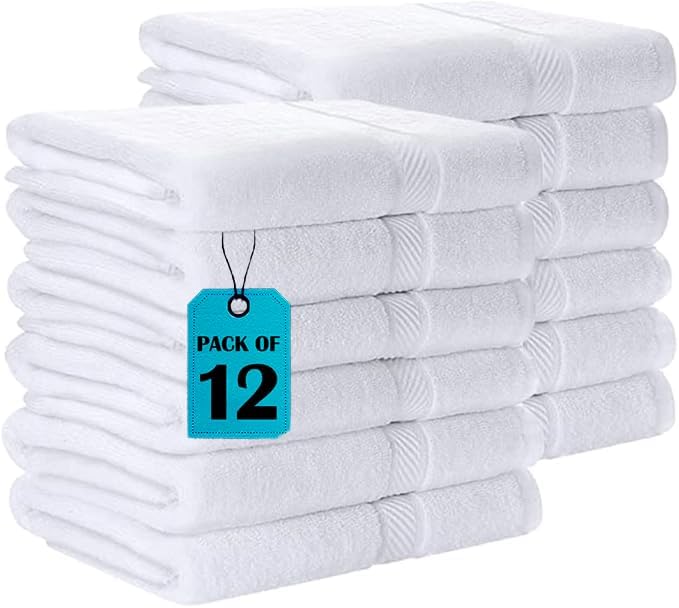 Pearl Linens Bath Towel Set of 12, Economy Cotton 20x40 Hotel Quality White Bath Towels Bulk, Lightweight and Highly Absorbent Quick Dry Towel for Home, Hotel, Spa, Gym and Bathroom, White Towel