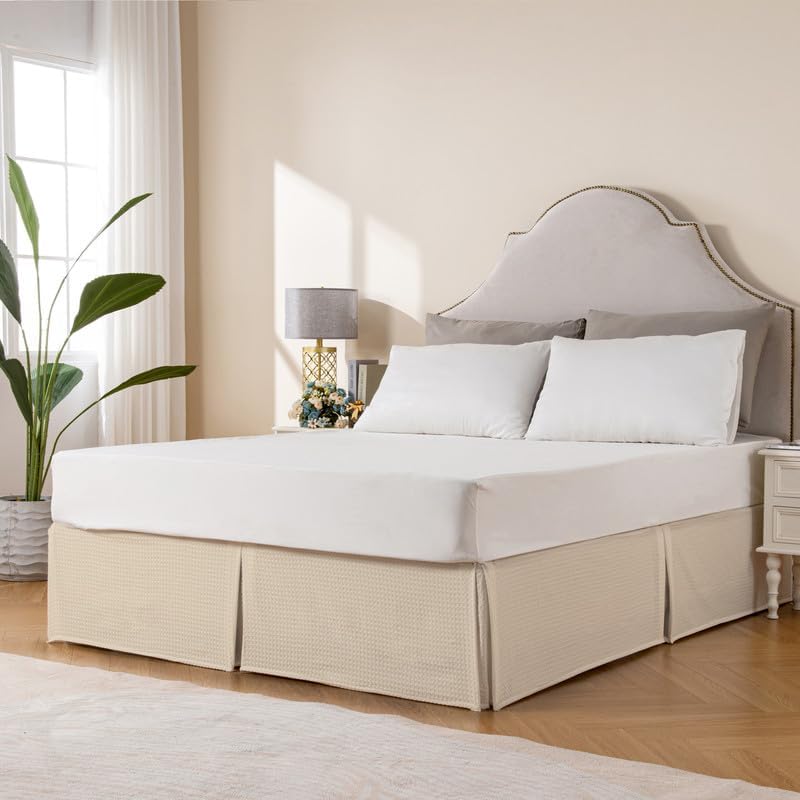 MIYE Pleated Waffle Weave Bed Skirt, Tailored Dust Ruffle 18 Inch Drop Easy Fit, Machine Washable,No Split Corners (Beige, Twin - 18" Drop)