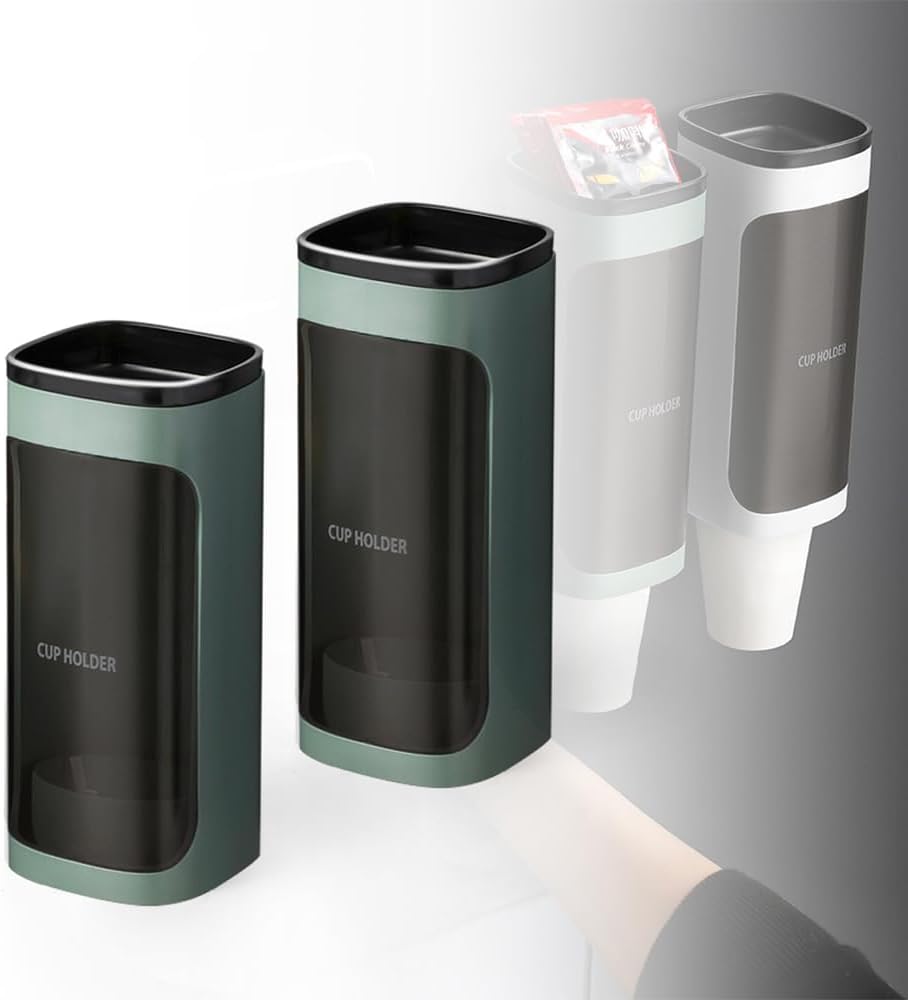 2 Pcs Cup Dispenser Wall Mounted, Bathroom Cup Dispenser Holder for 3oz-9.5oz Disposable Paper and Plastic Cups, Water Cooler Cup Dispenser with Adhesive Plate (Single Green)