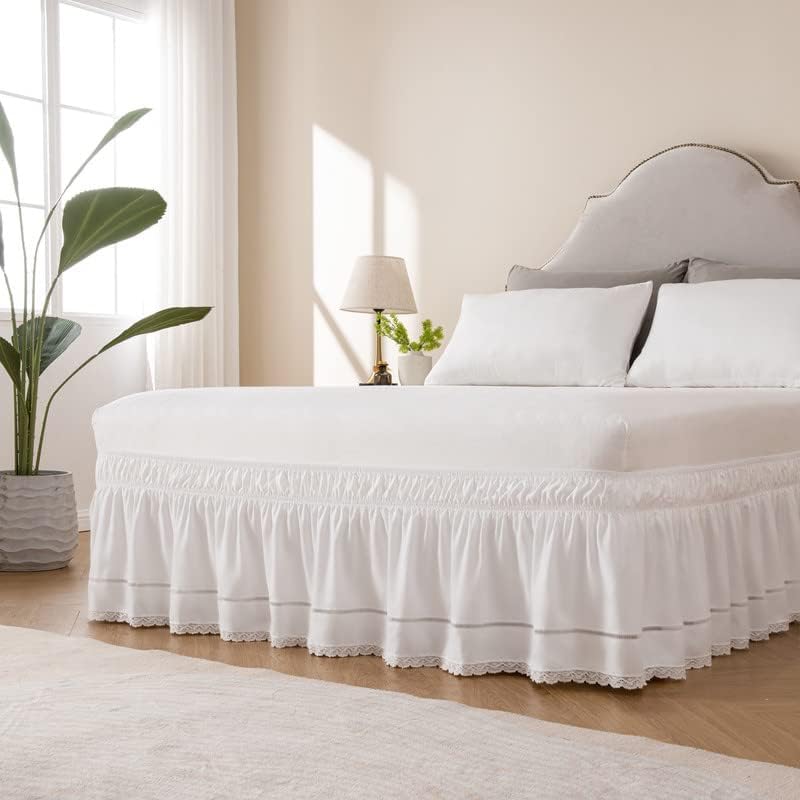 MIYE Wrap Around Ruffled Lace Bed Skirt, Elastic Dust Ruffle with Adjustable Belts, Easy to Put On, Bed Frame Cover, Machine Washable (Floral Lace/White, Full/Twin-18 Drop)