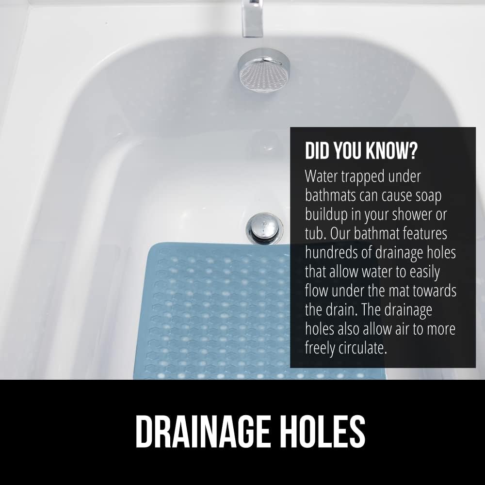 GORILLA GRIP Patented Bath Tub Shower Mat, Machine Washable Bathtub Floor Liner Mats, Suction Cups and Drain Holes to Keep Tubs Clean, Soft on Feet, Bathroom Essentials, 35x16 Inch, Sky Blue Opaque