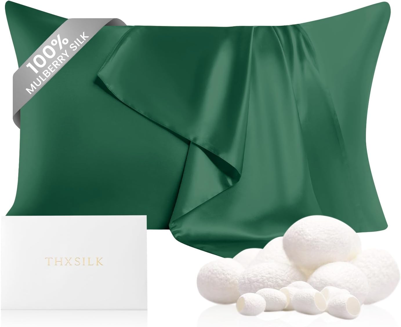 THXSILK 100% Pure Mulberry Silk Pillowcase for Hair and Skin, 6A+ Grade 22 Momme Silk Pillow Case Queen Size 20"x30", Real Silk Pillowcase with Zipper, Anti Aging Acne Free (Emerald Green)