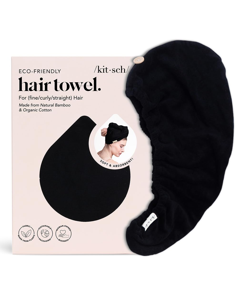 Kitsch Microfiber Hair Towel Wrap for Women - Super Absorbent Hair Drying Towel - Quick Dry, Anti-Frizz - for Long & Short, Wet & Curly Hair - Black