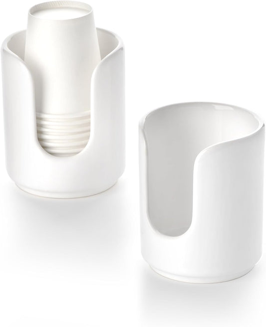 3 oz Original Ceramic Bathroom Cup Dispenser with 5 PLA Paper Cups, Bathroom Essential Accessories for Mouthwash Holder on Bathroom Vanity Countertops (2 Pack, White)
