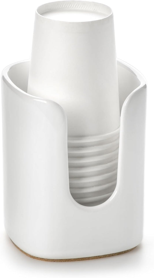 5 oz Square Ceramic Bathroom Cup Dispenser for Kids and Pregnancy - Disposable Paper Cup Holder for Mouthwash Cups on Bathroom Vanity Countertop (1 Pack, White)