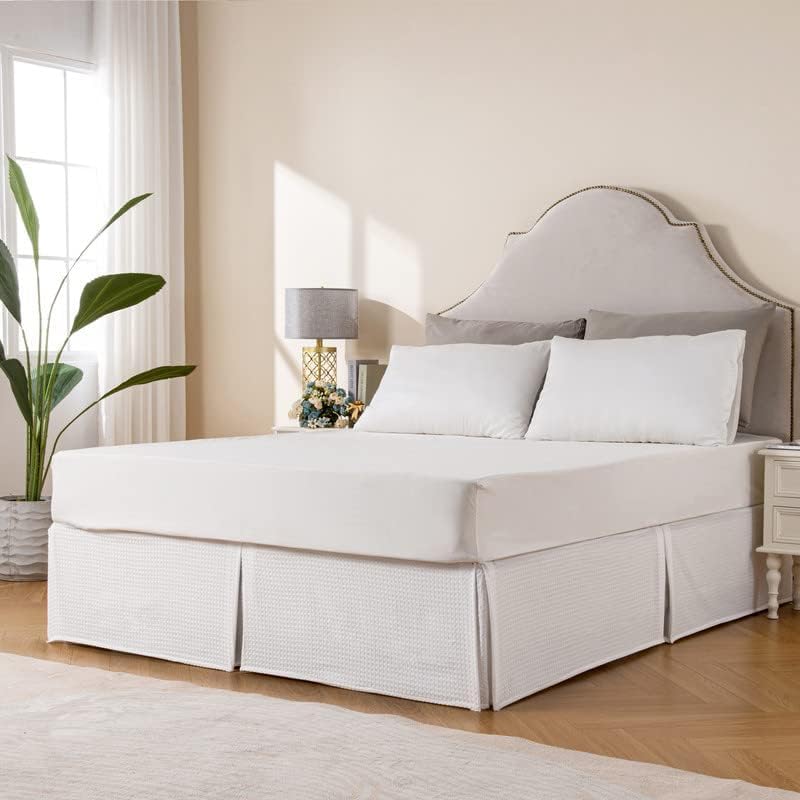 MIYE Pleated Waffle Weave Bed Skirt, Tailored Dust Ruffle 18 Inch Drop Easy Fit, Machine Washable (White, King - 18" Drop)