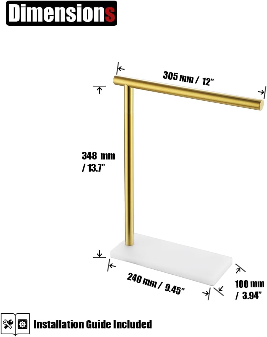 JQK Hand Towel Holder Stand Brushed Gold, Modern Tree Rack Free Standing for Countertop with 12 Inch Bar, 304 Stainless Steel Thicken 0.8mm White Base, HTT170-WG