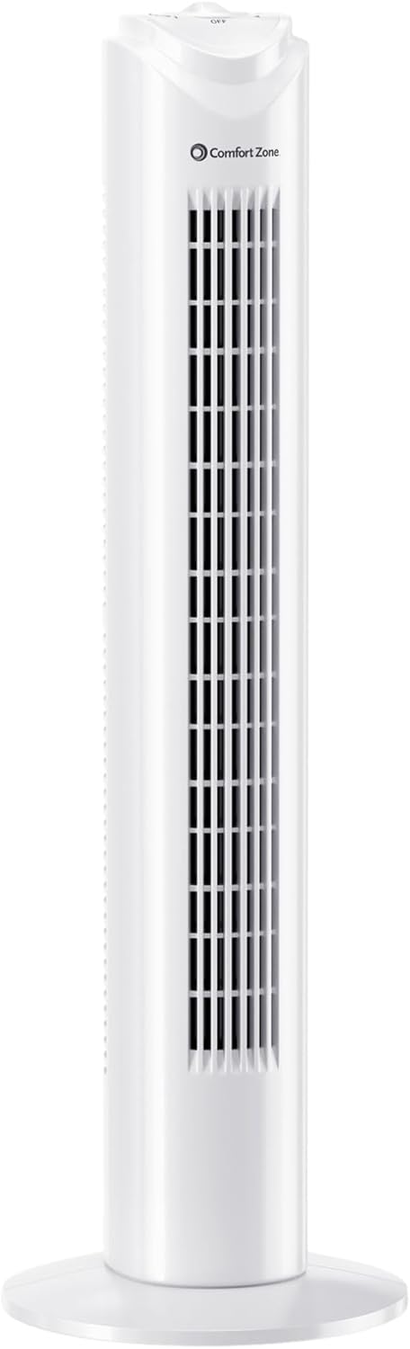 Comfort Zone Tower Fan for Bedroom, 32 inch, 3 Speeds, 90 Oscillation, Bladeless Indoor Fan, Built in Carry Handle, Portable Stand Fan, White