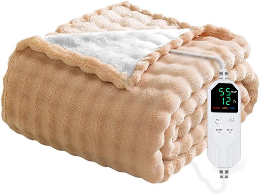 Heated Blanket Throw Blanket,50"x60" Soft Bubble Fleece Fast Heating Electric Blanket,Heating Blanket with 8 Heat Levels 6 Hours Auto-Off Overheat Protection, Grandma Gift,Washable，Apricot Yellow