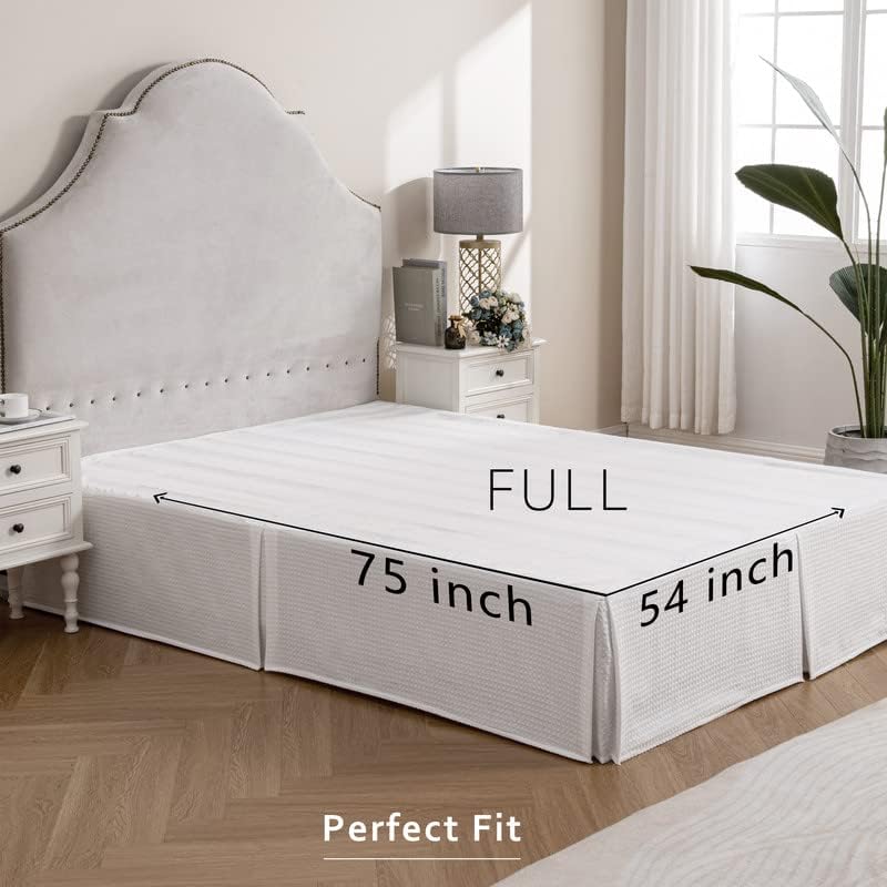MIYE Pleated Waffle Weave Bed Skirt, Tailored Dust Ruffle 22 Inch Drop Easy Fit, Machine Washable (White, Full - 22" Drop)
