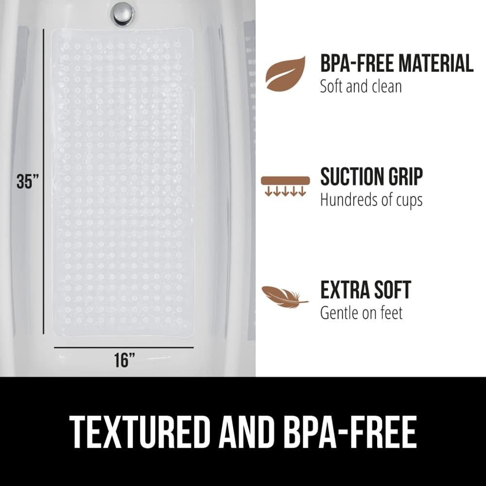 GORILLA GRIP Patented Bath Tub Shower Mat, 2 Pack, Machine Washable Bathtub Floor Liner Mats, Suction Cups and Drain Holes to Keep Tubs Clean, Soft on Feet, Bathroom Essentials, 35x16 Inch, Clear