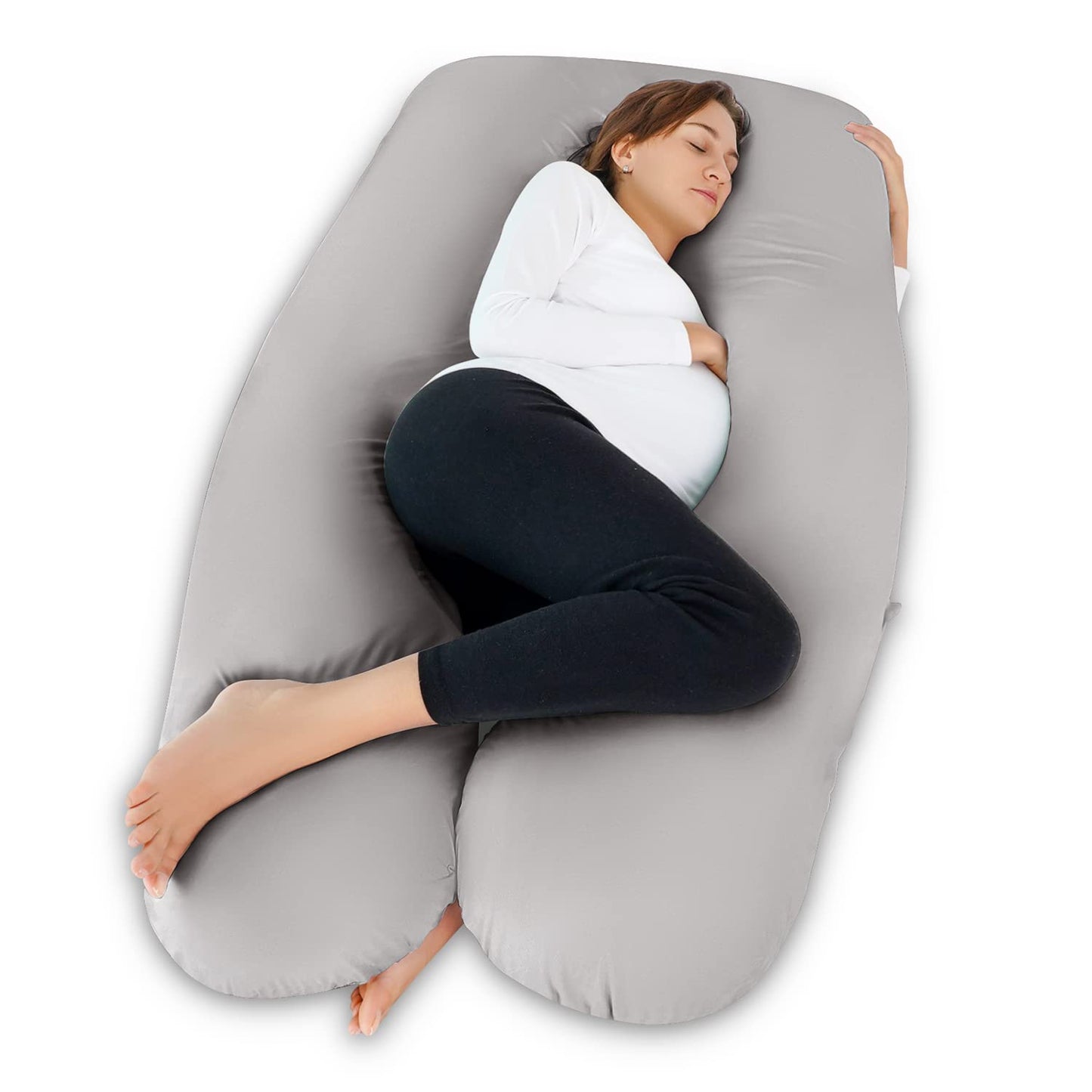Meiz Pregnancy Pillow, Cooling Silky Pregnancy Pillows for Sleeping, Maternity Body Pillow for Pregnant Woman with Cooling Silk Jersey Cover, Light Grey