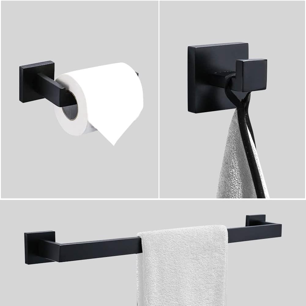 Ralbay 24" Matte Black Towel Bar 3-Pieces Set SUS 304 Stainless Steel Square Style Wall Mounted Towel Rack Set, Includes 24" Towel Single Bar, Toilet Paper Holder, Robe Towel Hook