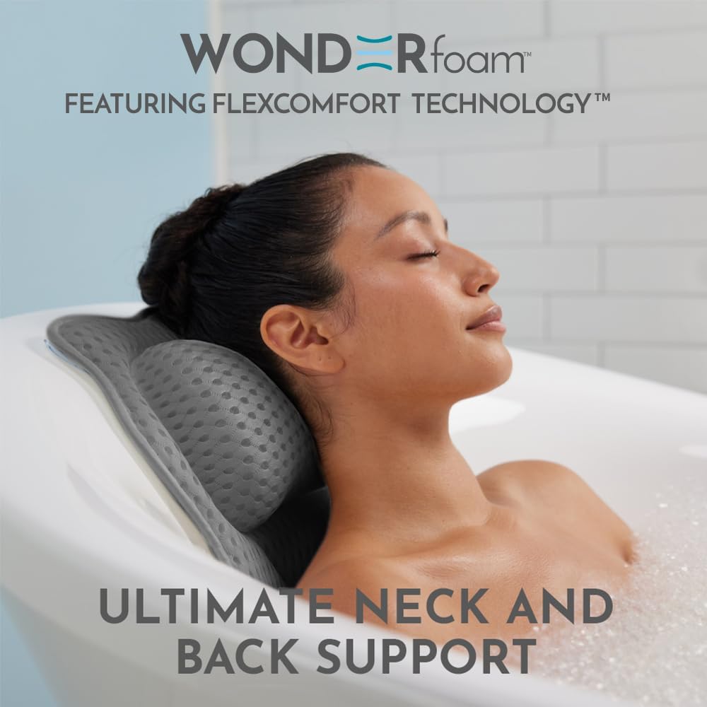 WONDERfoam Thick Padded Ergonomic Bath Pillow for Tub, Bathtub Headrest Neck and Back Support, Strong Suction Cups, Machine Washable Breathable Mesh Quick Dry Pillows, Luxury Spa Accessories, Gray