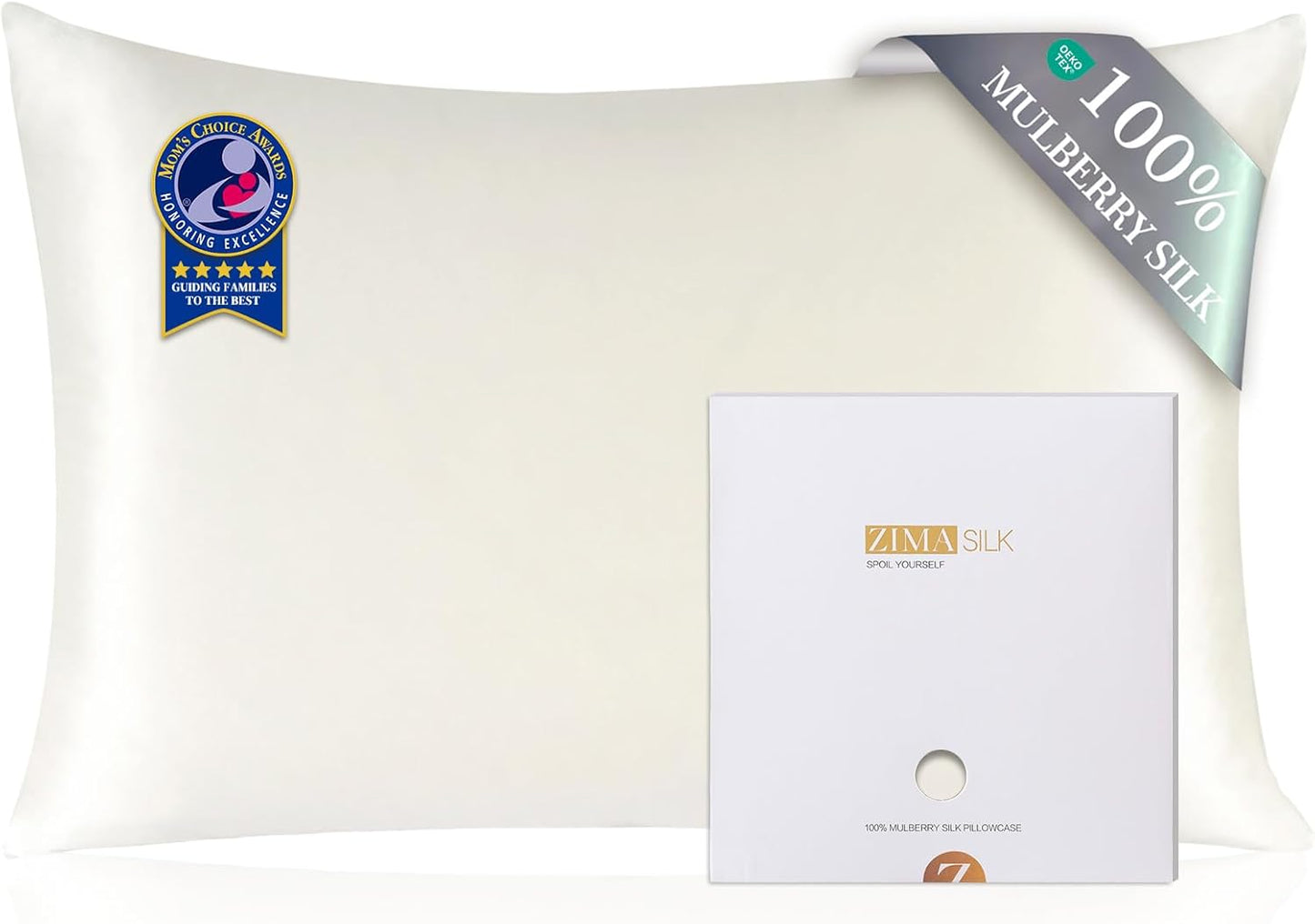 ZIMASILK 100% Pure Mulberry Silk Pillowcase for Hair and Skin Health,Soft and Smooth,Both Sides Premium Grade 6A Silk,600 Thread Count,with Hidden Zipper,1pc (King 20''x36'',Ivory)