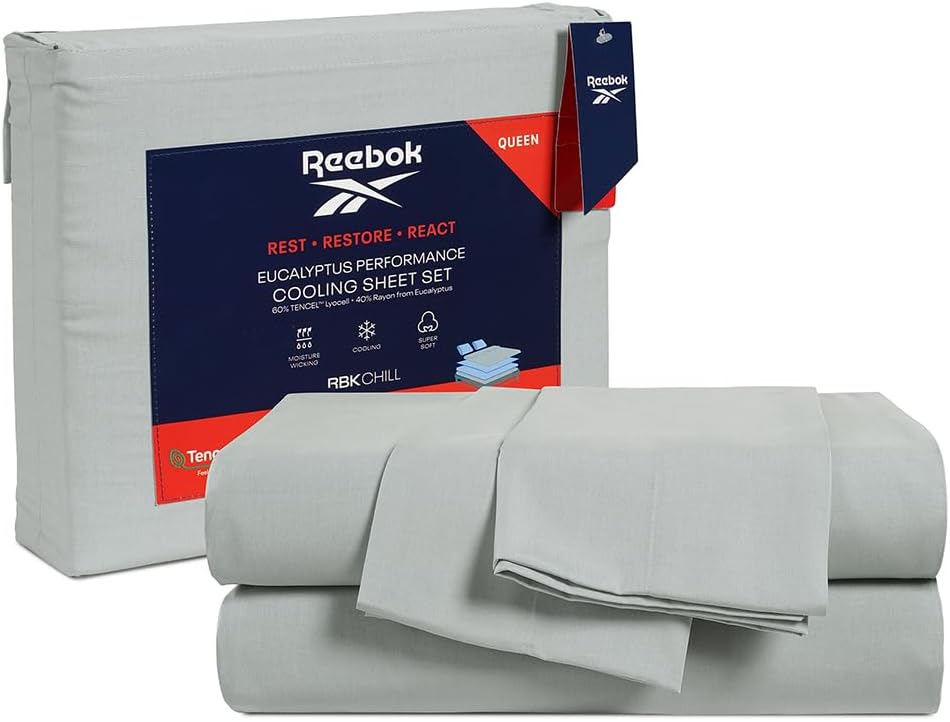 Reebok Full Size Sheet Set from Tencel Eucalyptus - Soft, Cooling & Breathable for Hot Sleepers, Deep Pocket Up to 17 Inches, 4Pc Hotel Luxury Bedding Set, Bedsheet & Pillowcases (Lunar Rock, Full)