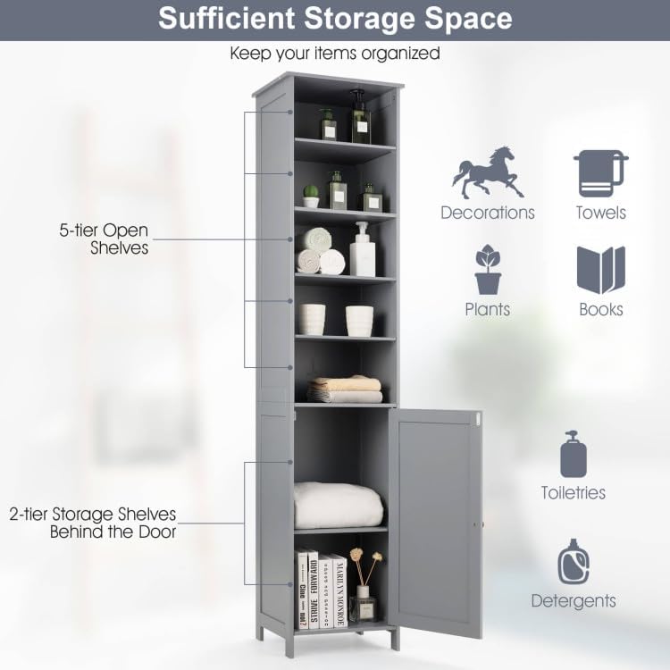 WATERJOY 72'' Tall Slim Bathroom Storage Cabinet with 3 Shelves & Door for Bathroom, Living Room