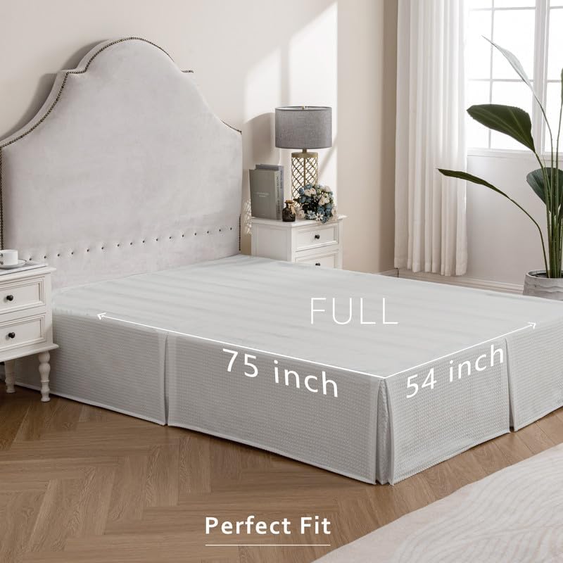 MIYE Pleated Waffle Weave Bed Skirt, Tailored Dust Ruffle 18 Inch Drop Easy Fit, Machine Washable (Light Grey, Full - 18" Drop)