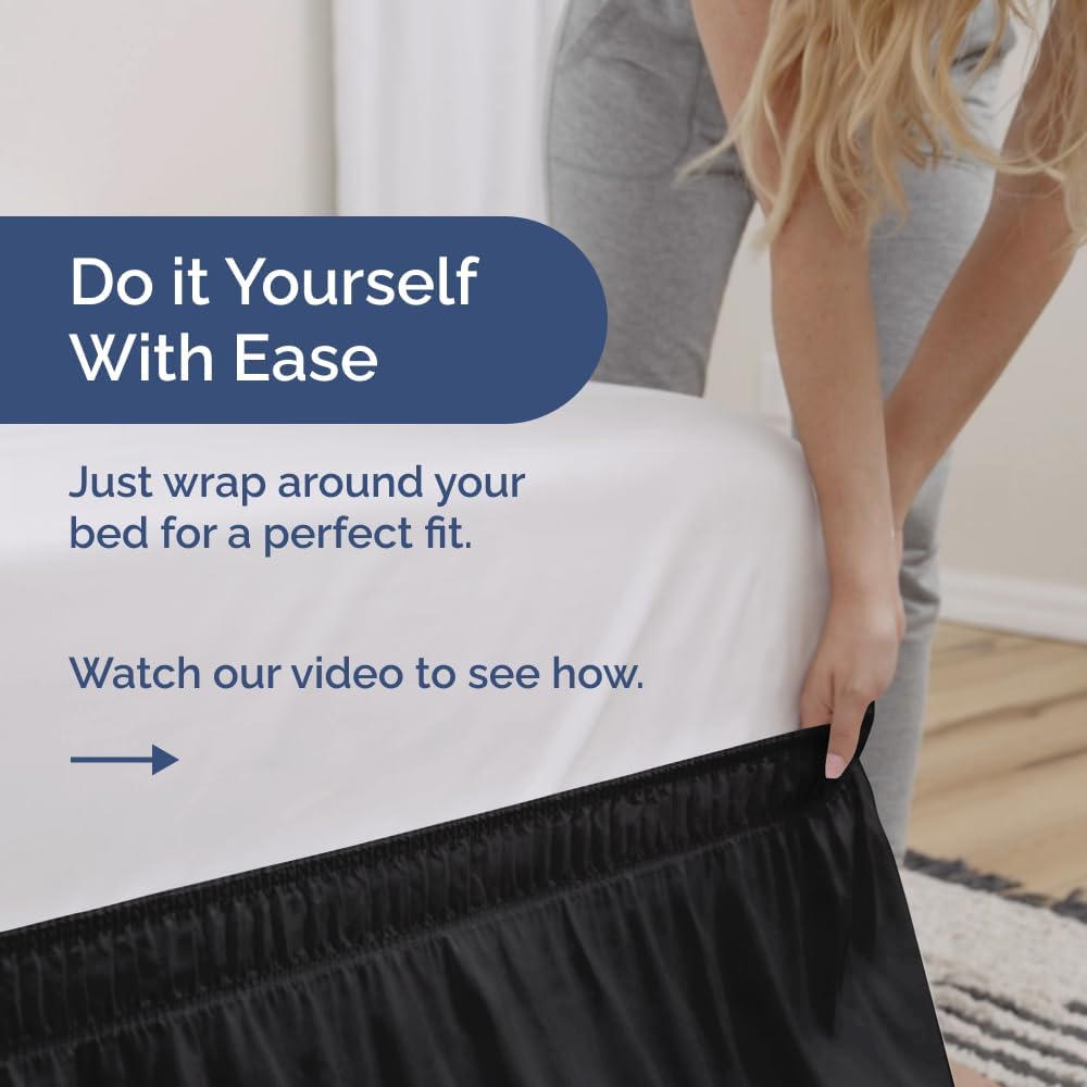 Wrap Around Dust Ruffle Bed Skirt - Black - for King Size Beds with 24 Inch Drop - Easy Fit Elastic Strap - Adjustable Pleated Bedskirt w/Brushed Fabric - Wrinkle Free - for Women, Men, Kids & Teens