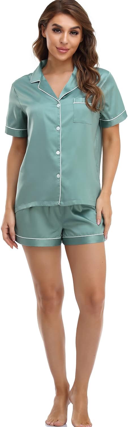 Women's Satin Pajama Set 2-Piece Sleepwear Loungewear Button Down Short Sleeve Silky PJ Set