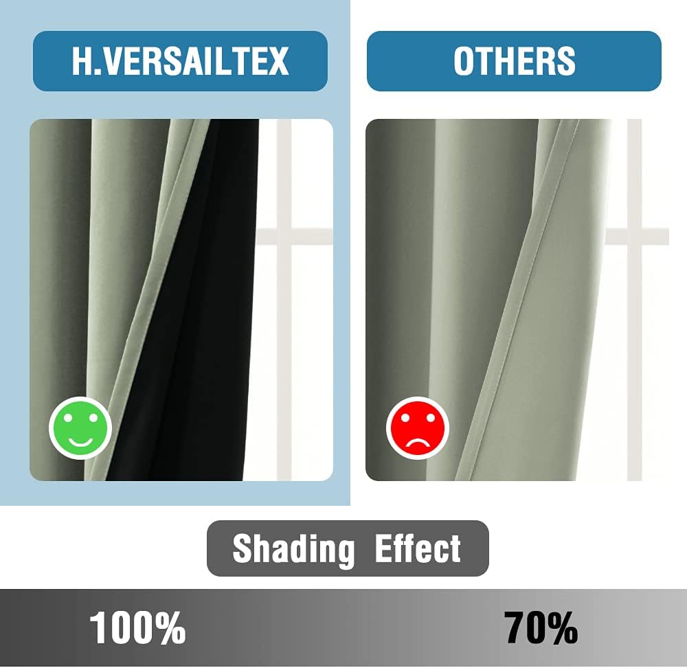 H.VERSAILTEX 100% Blackout Curtains for Bedroom 42 Inches Wide Thermal Insulated Blackout Curtains 63 Inches Long Rod Pocket Curtains with Black Liner 2 Panels Set, Light Sage