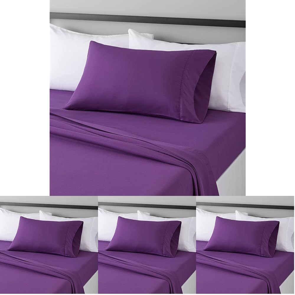 Amazon Basics Lightweight Super Soft Easy Care Wrinkle Free Microfiber 3 Piece Bed Sheet Set with 14-Inch Deep Pockets, Twin, Plum, Solid, Kids, Men & Women Bedding (Pack of 4)