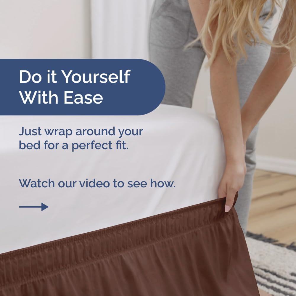 Wrap Around Dust Ruffle Bed Skirt - Brown - for Full Size Beds with 12 Inch Drop - Easy Fit Elastic Strap - Adjustable Pleated Bedskirt w/Brushed Fabric - Wrinkle Free - for Women, Men, Kids & Teens